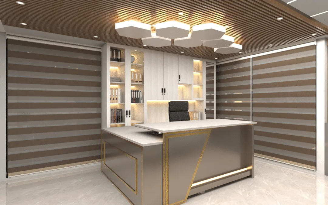 Modern office interior designed by professionals featuring ergonomic furniture, natural lighting, and organized workspace to boost employee productivity.